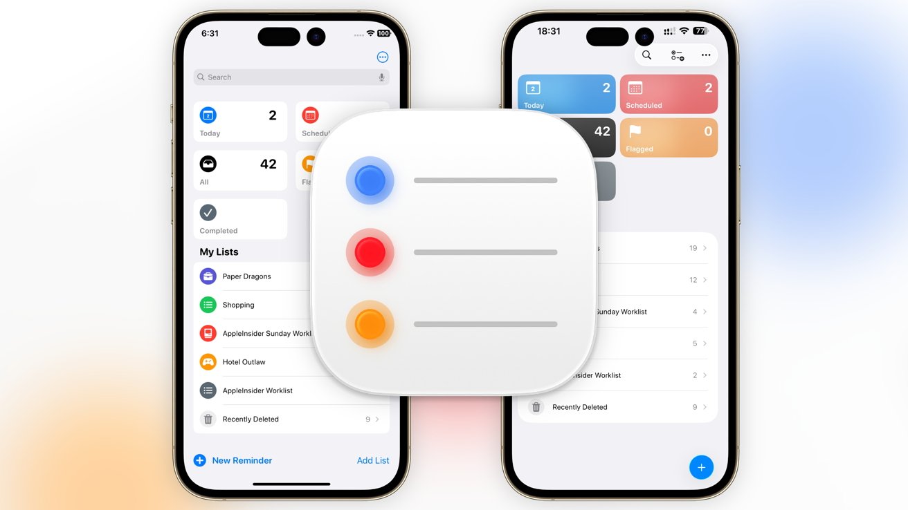 Two smartphones displaying a task management app with colorful category icons and lists, accompanied by a central app icon featuring colorful dots.