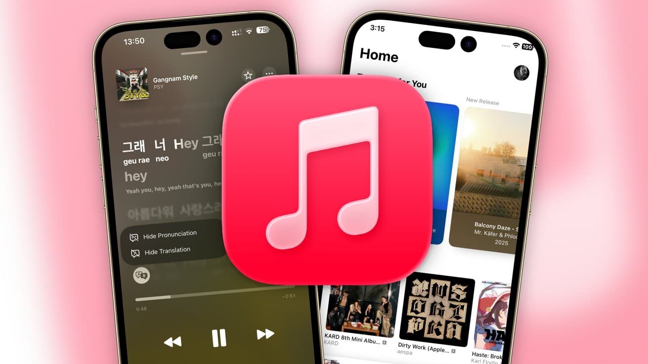 Two smartphones displaying a music app, with a large pink music note icon in the center against a soft pink background.