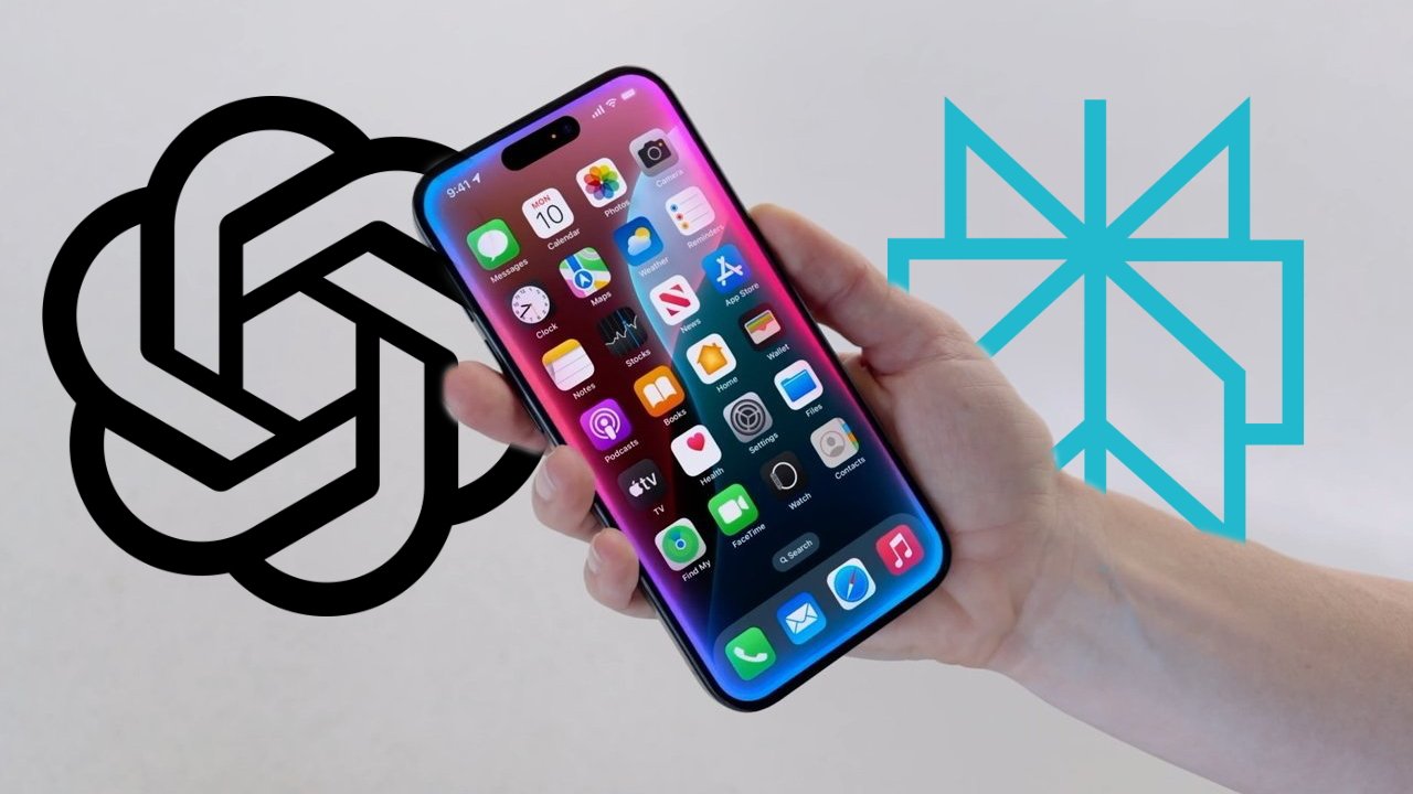 Hand holding a smartphone displaying app icons, with a black geometric logo on the left and a blue geometric logo on the right against a plain background.