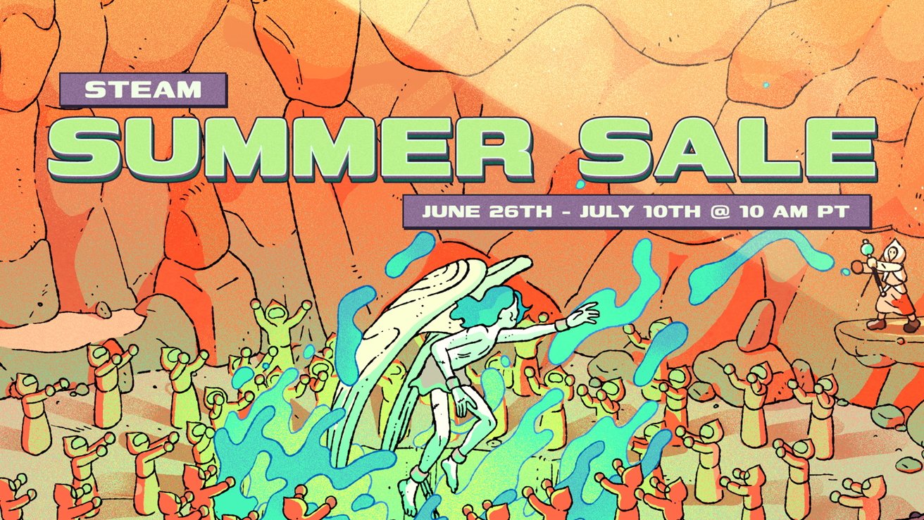 Colorful animated scene with a winged figure surrounded by small green figures in a rocky landscape. Text reads 'Steam Summer Sale, June 26th - July 10th @ 10 AM PT'.
