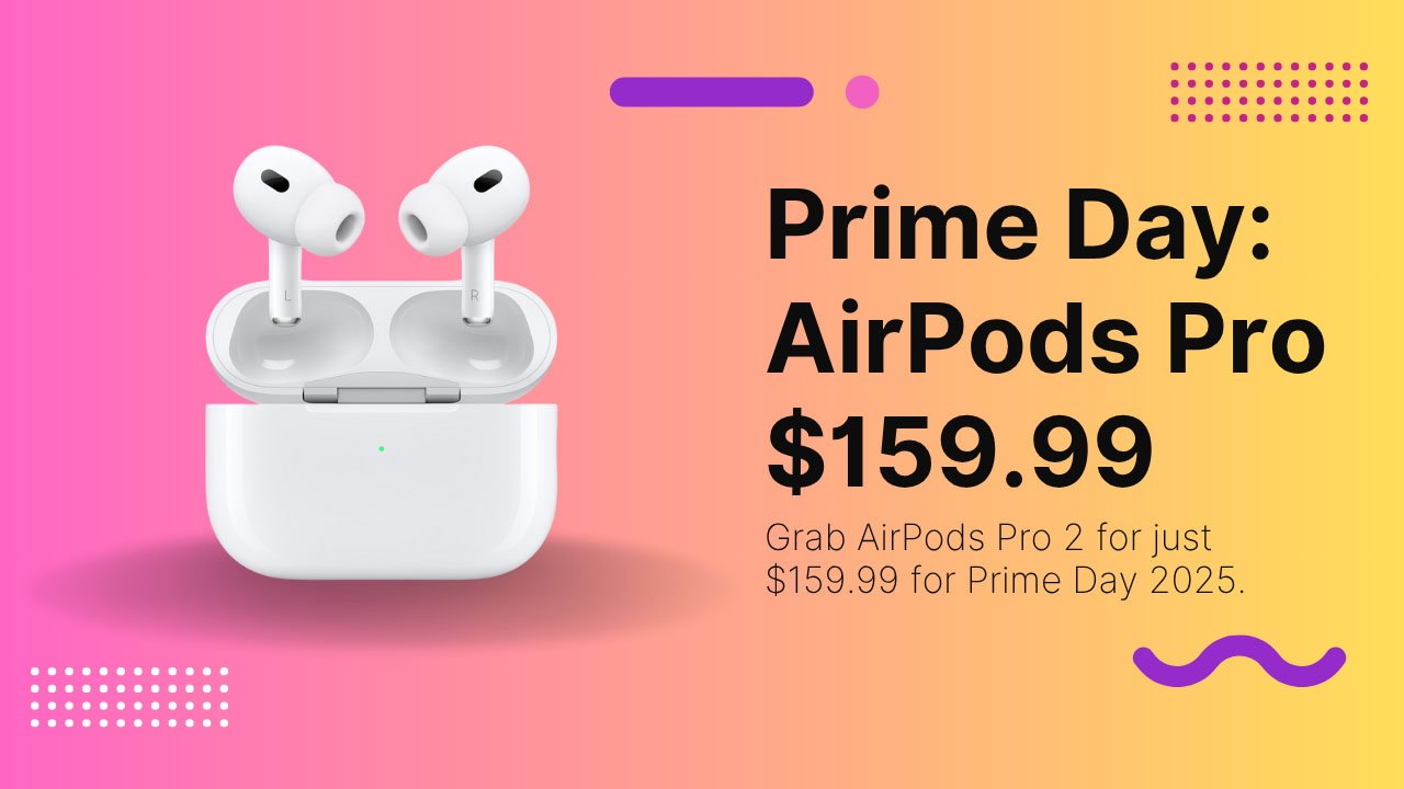 AirPods Pro 2 displayed on a pink-to-yellow gradient background with Prime Day offer text.