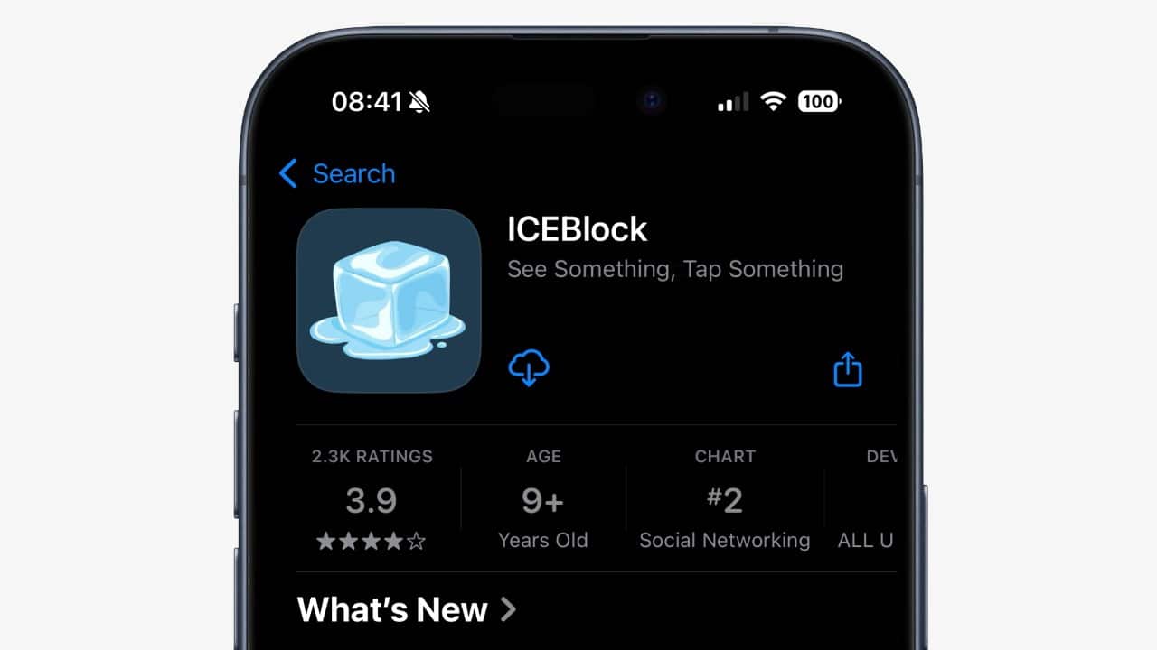Smartphone screen displaying ICEBlock app with ice cube icon, 3.9 stars rating, suitable for ages 9 and up, ranked #2 in social networking.