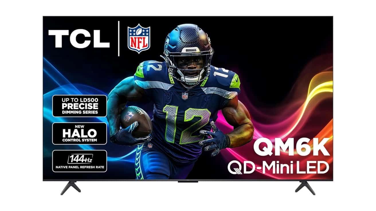 Football player in blue and green uniform holding a football, surrounded by colorful light trails; text highlights TCL QD-Mini LED features like dimming, refresh rate, and Halo control system.