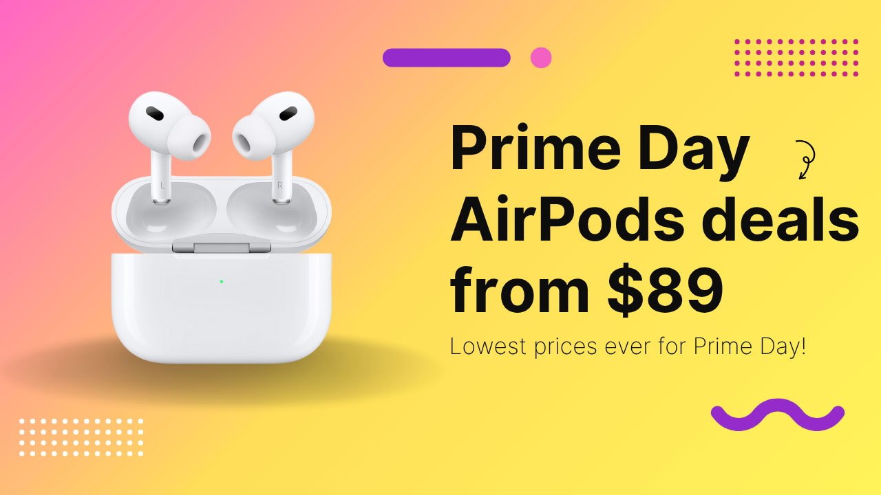 Open AirPods Pro MagSafe case with earbuds on pink and yellow gradient background. Text promotes Prime Day deals starting at $89, described as lowest prices ever.