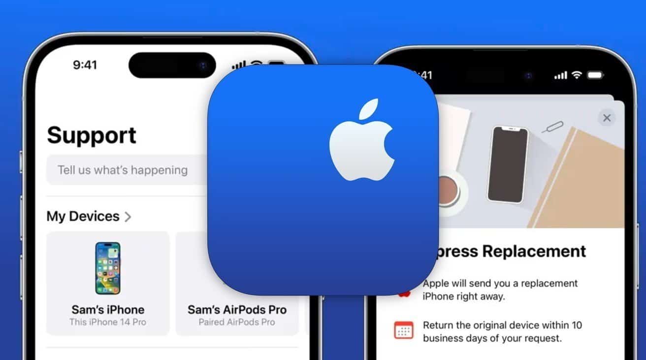 Apple logo on blue background overlaying two iPhone screens displaying support and express replacement options.