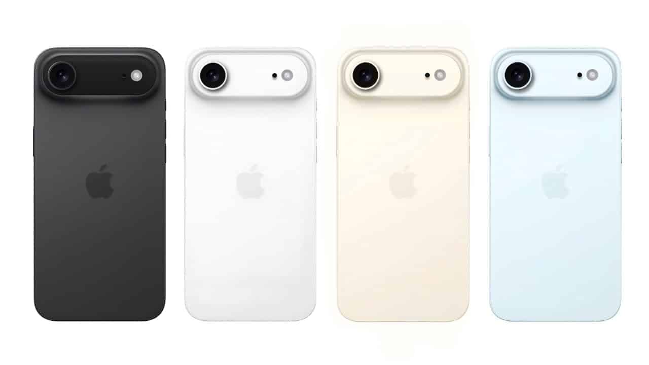 Four smartphones in black, white, cream, and light blue, featuring a minimalistic design with a single rear camera and an Apple logo.