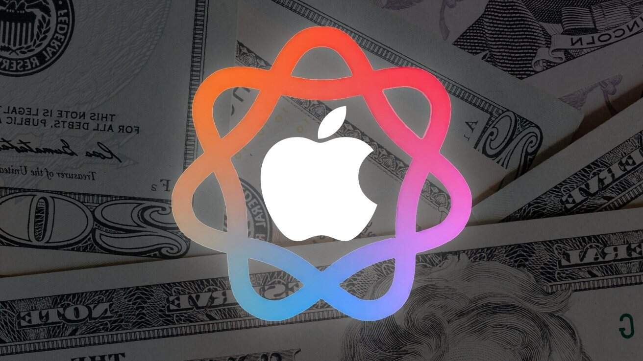 Gradient multicolored loop and white apple logo overlaid on scattered US dollar bills with visible partial portraits and denominations.