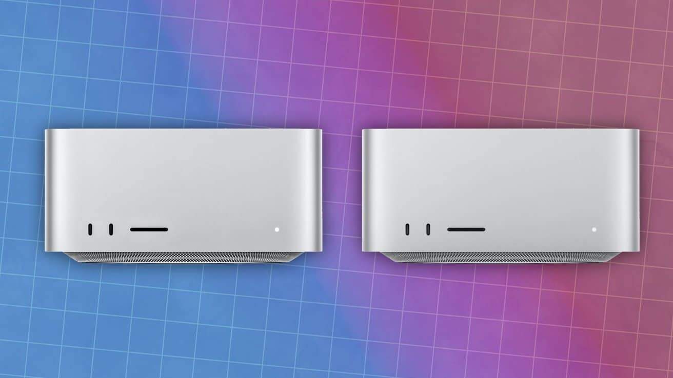 Two silver computer towers on a blue-to-purple gradient grid background with visible front ports and minimalistic design.