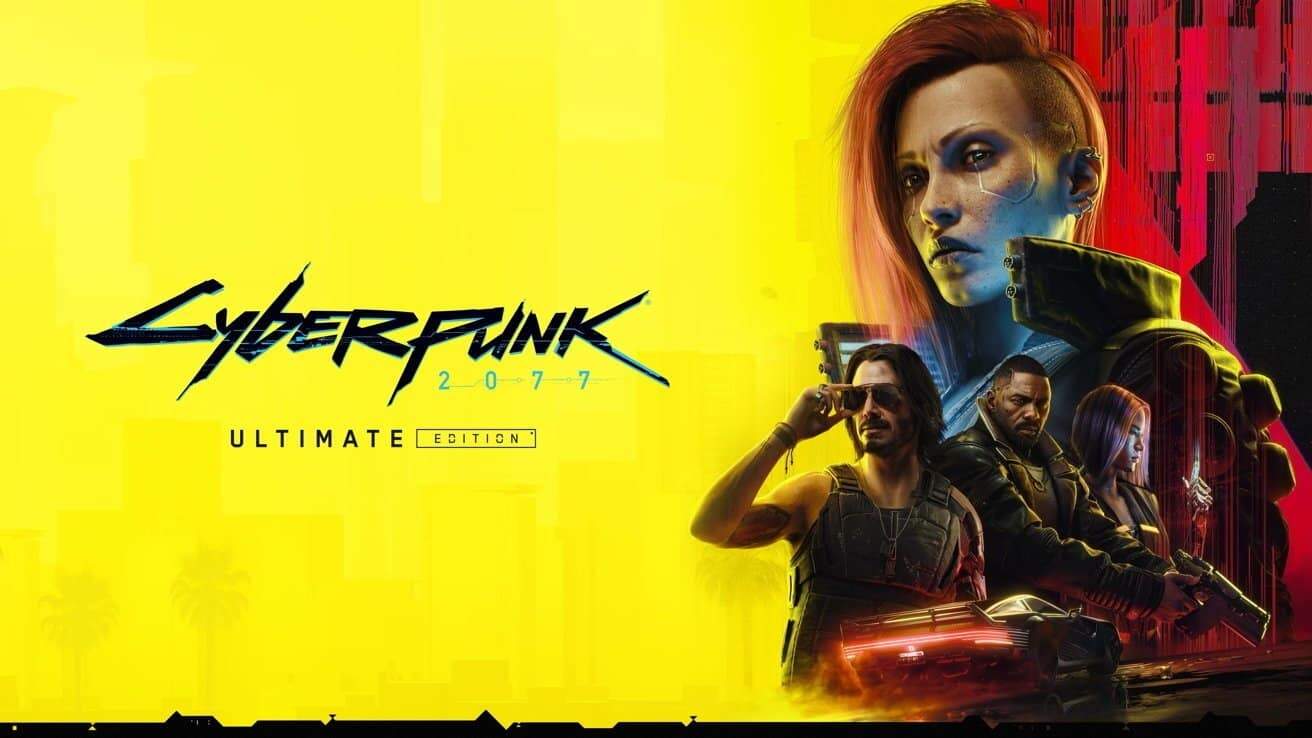 Futuristic scene with four diverse characters, one in the foreground with red hair, set against a vivid yellow backdrop with the text 'Cyberpunk 2077 Ultimate Edition'.
