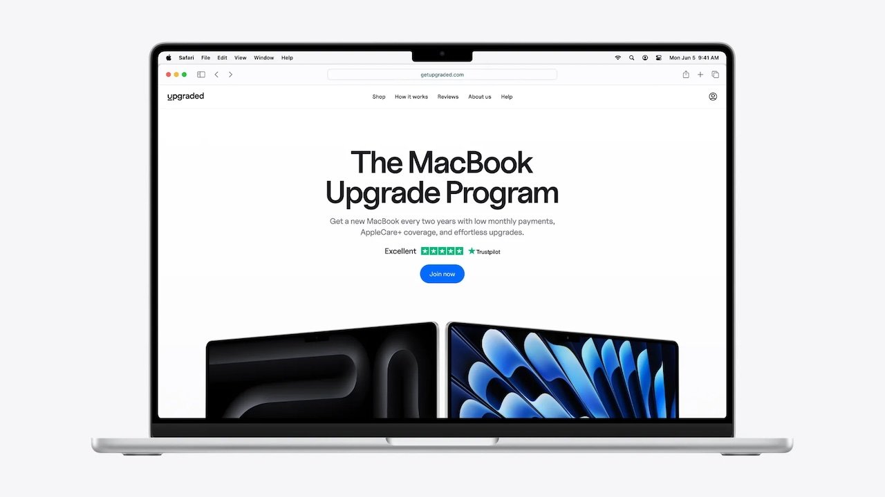 MacBook Upgrade program on display of silver MacBook.
