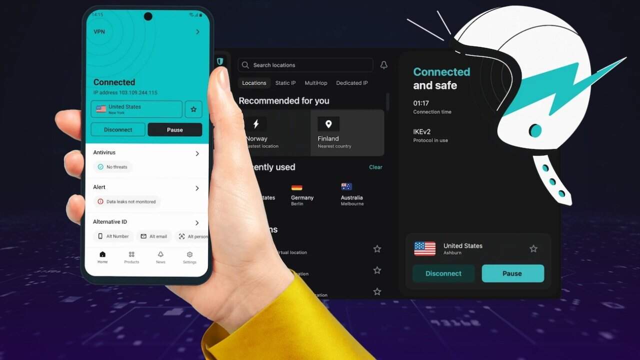Hand holding smartphone displaying Surfshark VPN app, connected to United States, alongside desktop interface with cartoon helmet illustration, emphasizing secure internet connection.