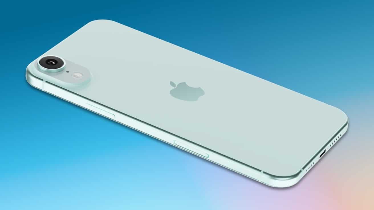 A light blue smartphone with a single camera lens and logo on the back, set against a gradient blue background.