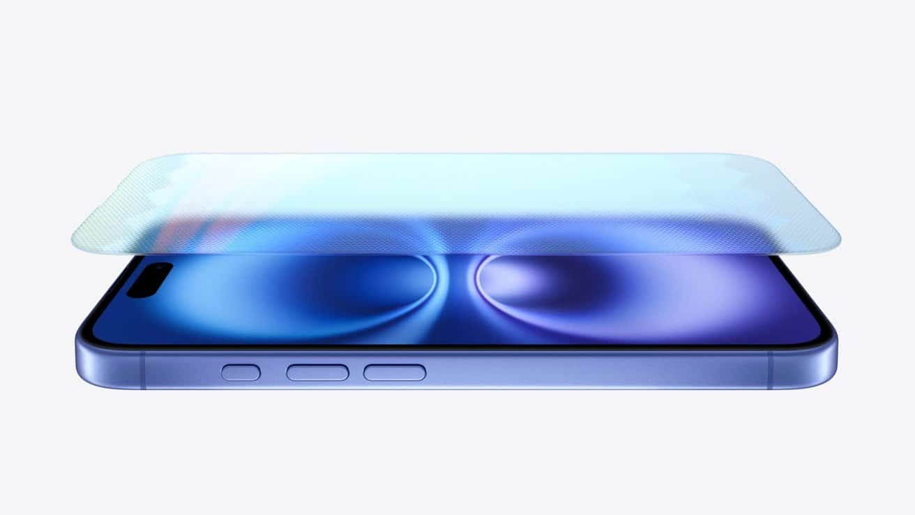 A sleek blue smartphone with rounded edges, showing a floating, rectangular, translucent screen protector above its display.