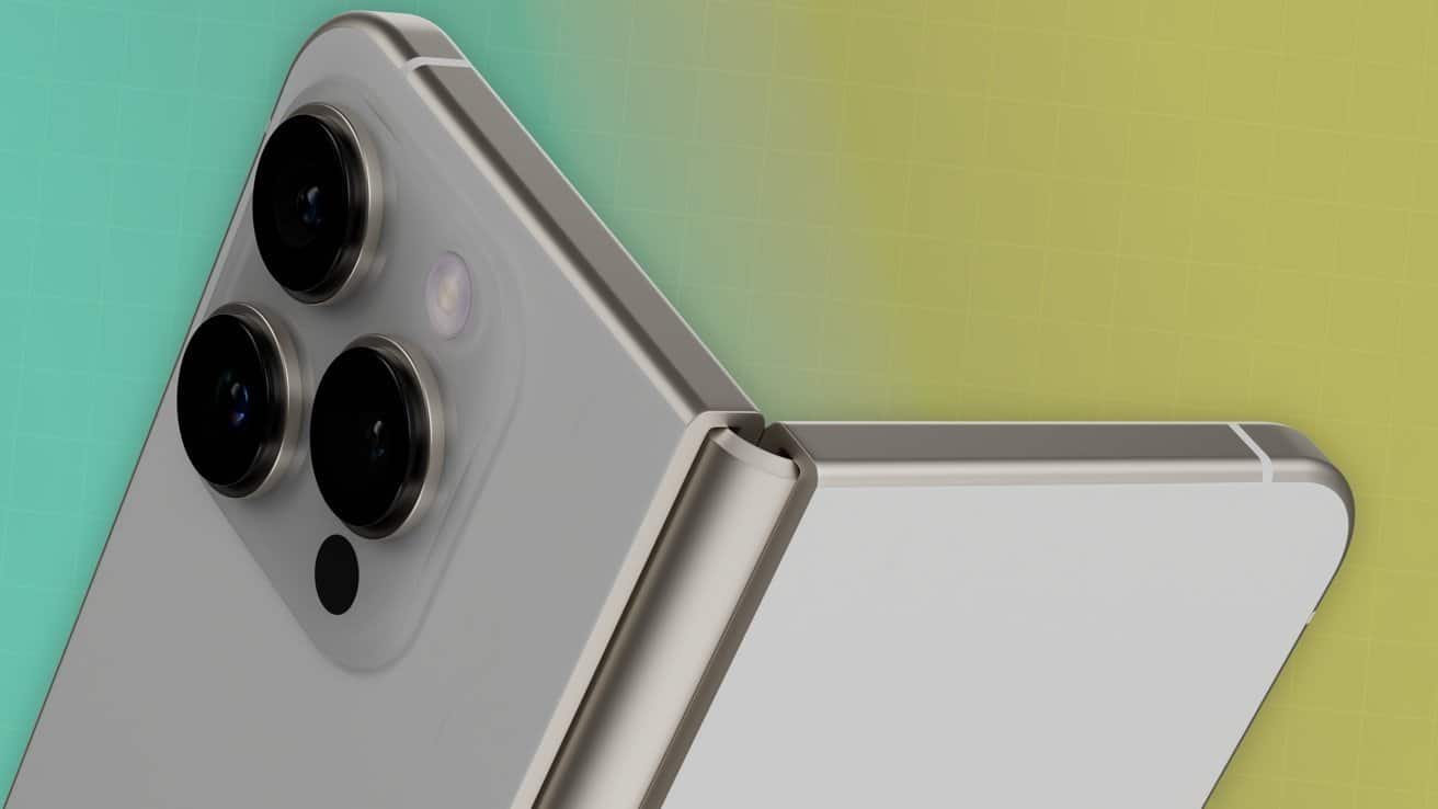 Folding smartphone with three large camera lenses on a gradient green and yellow background.