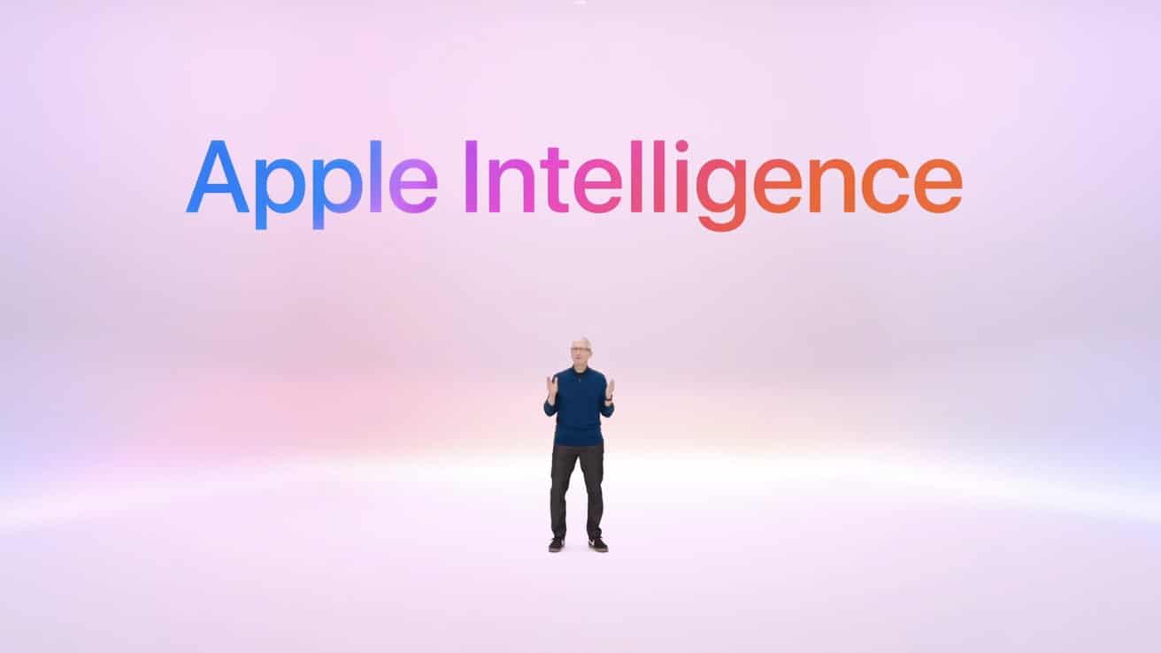 Person standing on light background with large colorful text reading Apple Intelligence above.