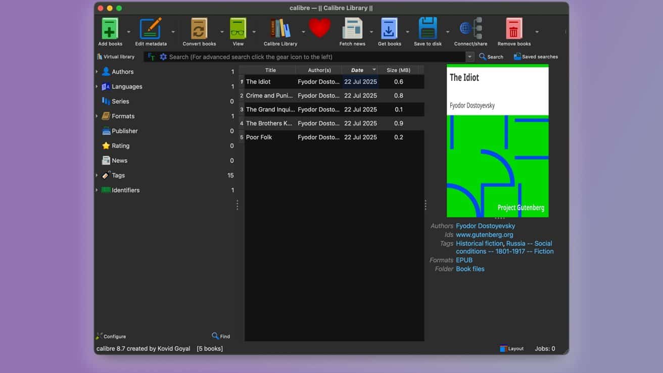 Calibre library interface displaying a book list by Fyodor Dostoevsky, highlighted book 'The Idiot' with green and blue cover details.