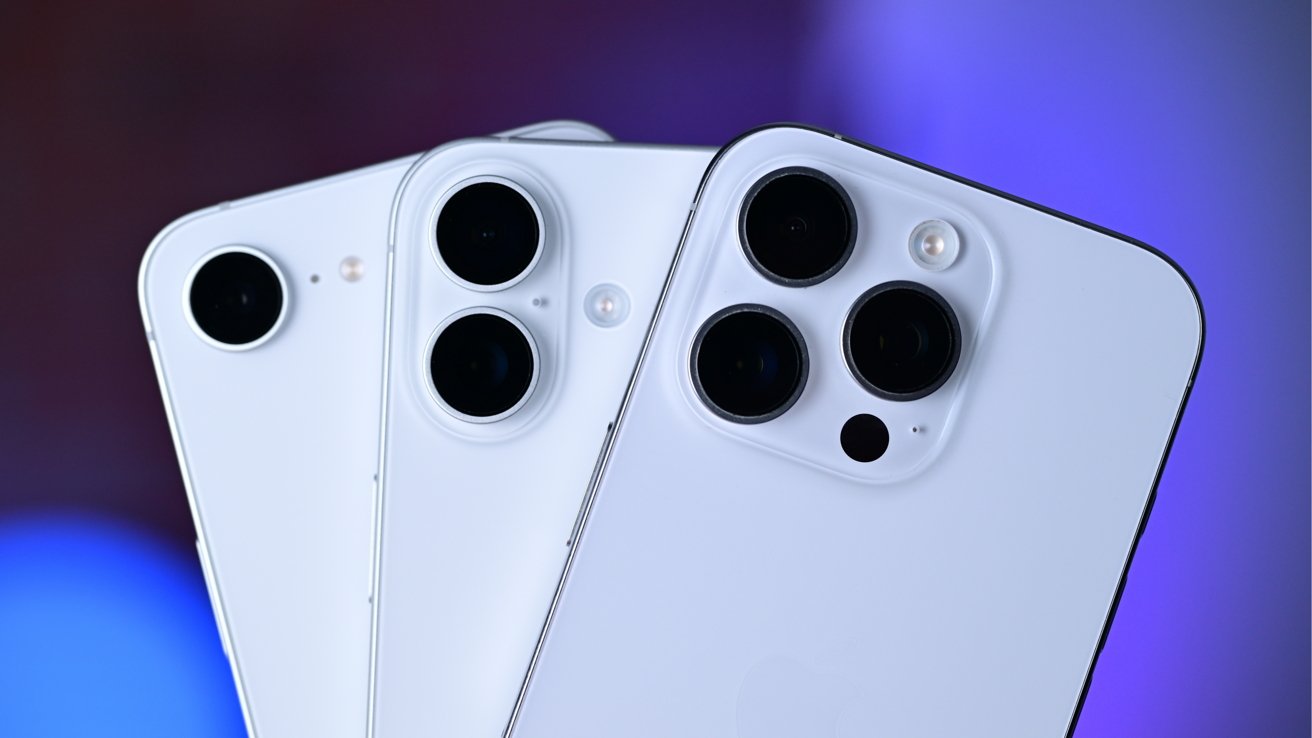 Three white smartphones with multi-camera setups displayed against a blue and purple background.