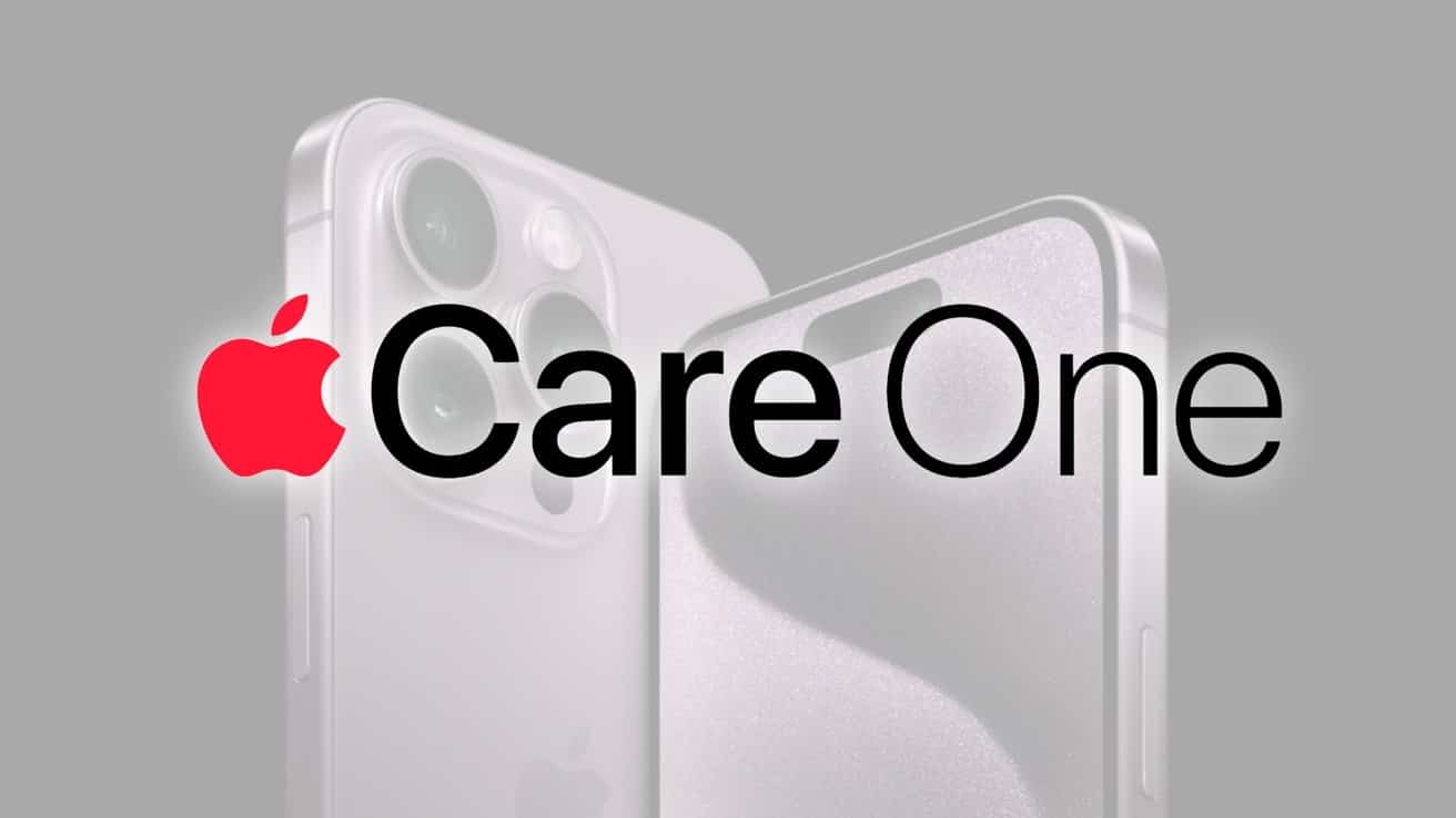 Apple products with 'Care One' text, featuring a red Apple logo, in front of overlapping sleek, silver iPhones with visible cameras.