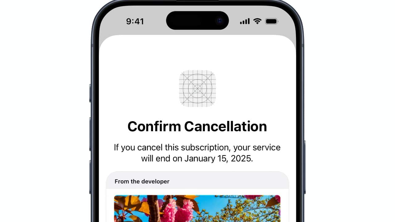 Mobile screen showing subscription cancellation confirmation, stating service ends on January 15, 2025. Includes a developer message section with a blurred nature image.
