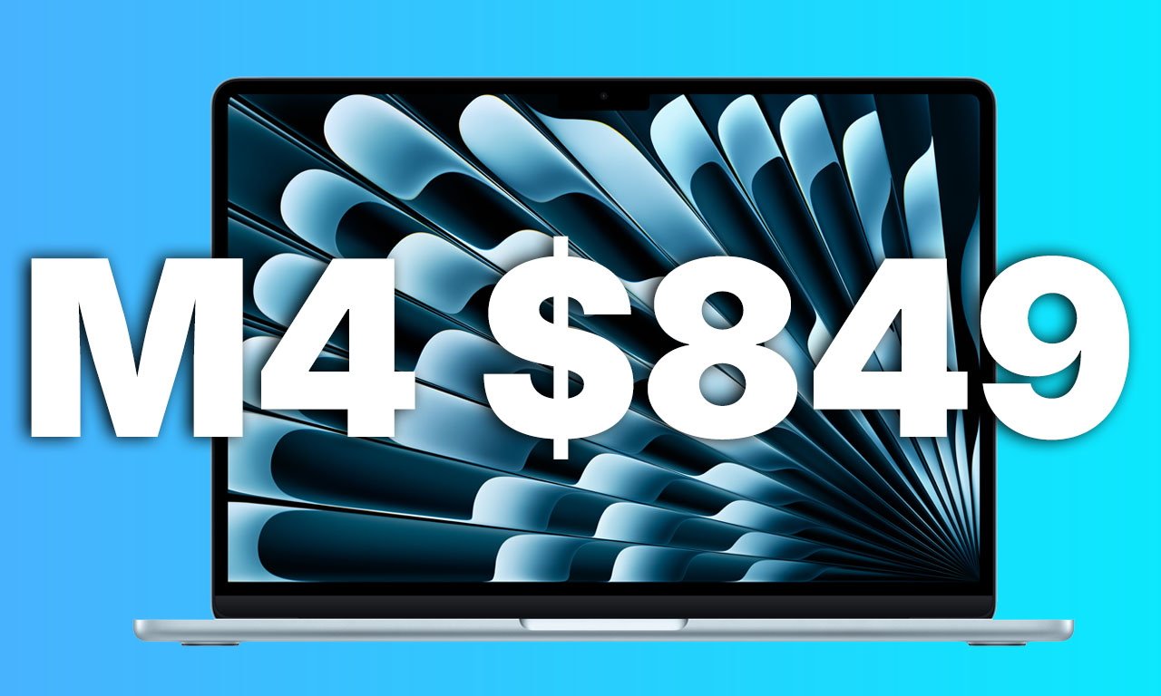 Laptop with abstract blue and black screen design on a blue background, bold white text reads M4 $849.
