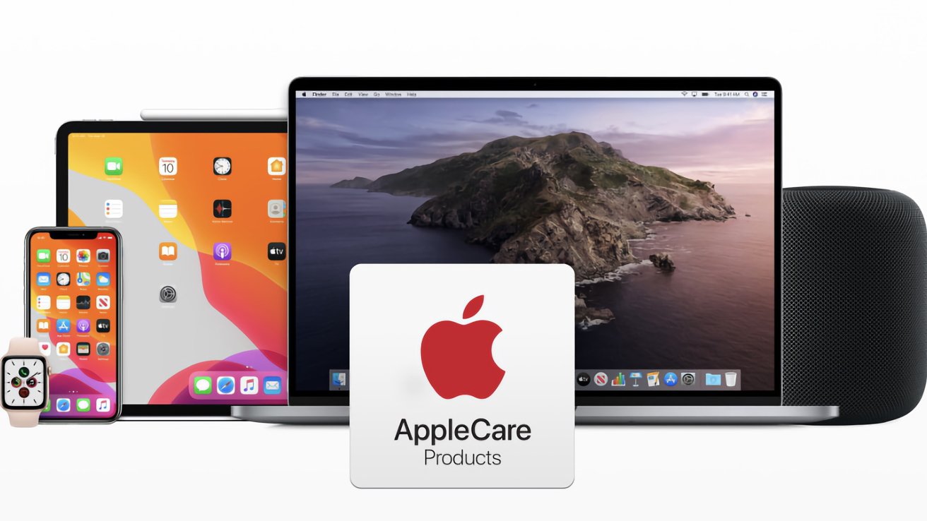 Apple devices including a phone, tablet, laptop, watch, and speaker with AppleCare Products logo in front.