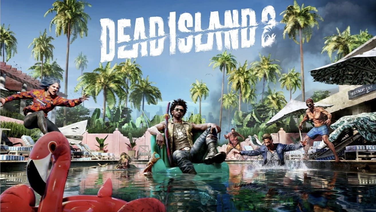 People battling zombies around a pool surrounded by palm trees, with a man sitting confidently on an inflatable chair, and the words Dead Island 2 above.