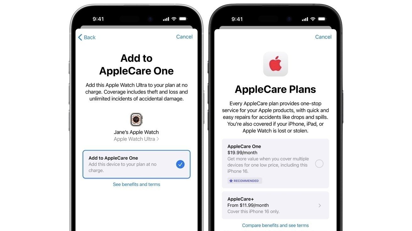 Two smartphone screens display AppleCare One options for an Apple Watch with options and pricing details for protection plans.