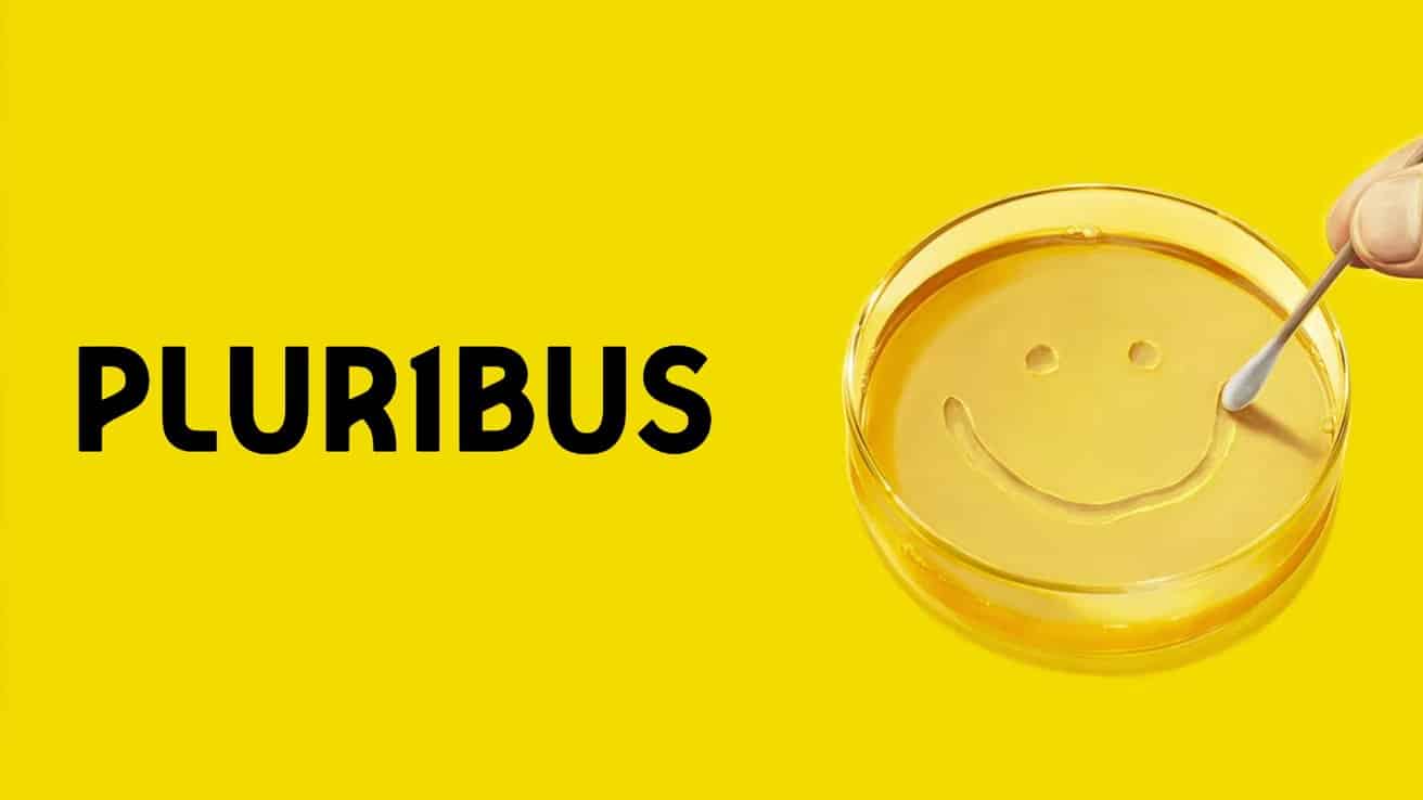 Yellow background with 'PLUR1BUS' text; a smiley face drawn in a petri dish of yellow fluid using a cotton swab.