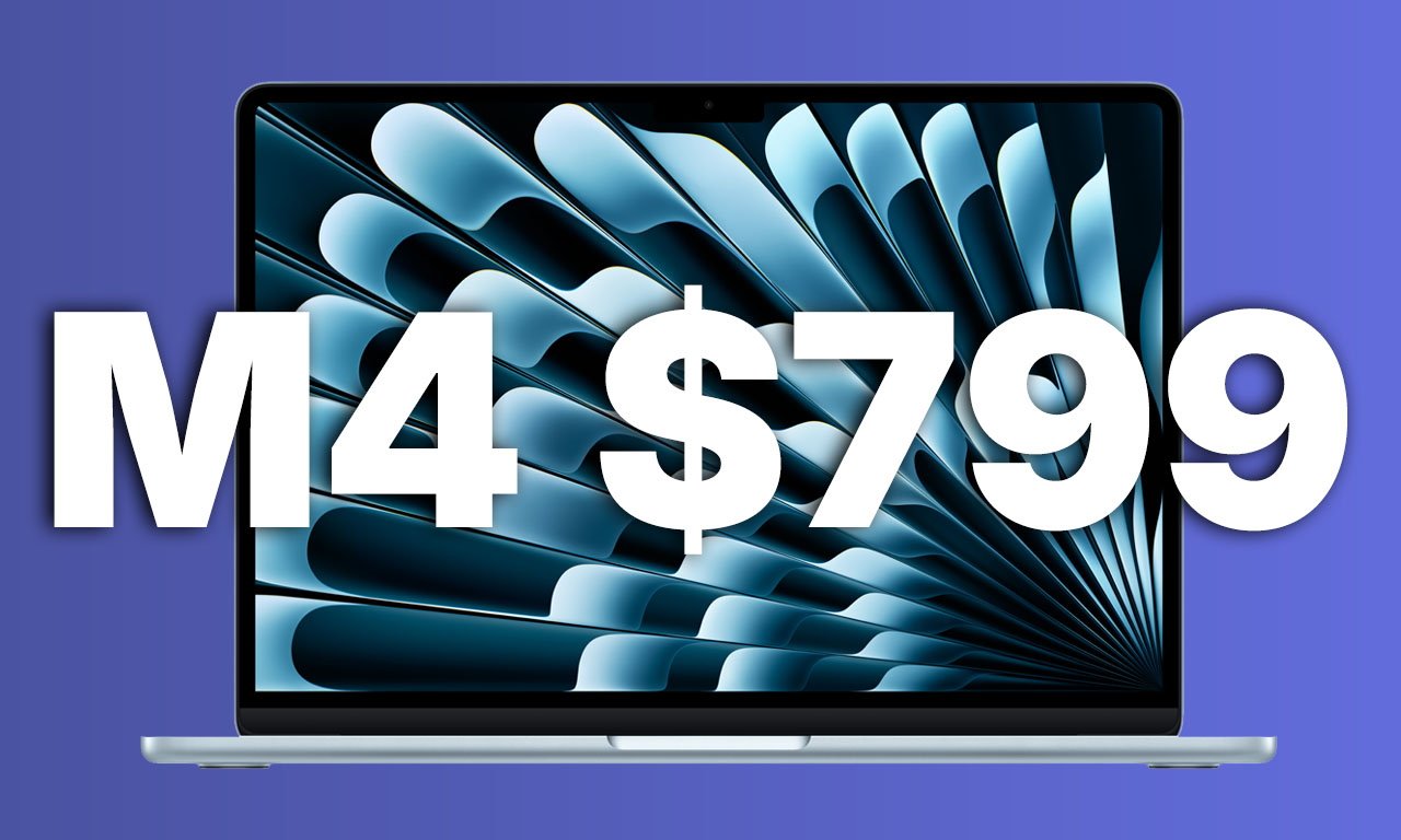 MacBook Air laptop with abstract blue design on screen, overlaid text 'M4 $799' in bold white letters, purple background.