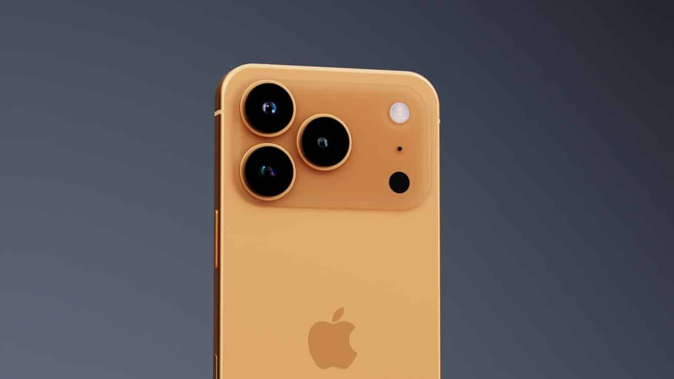 Golden smartphone back featuring three large camera lenses and a flash, set against a gray background.