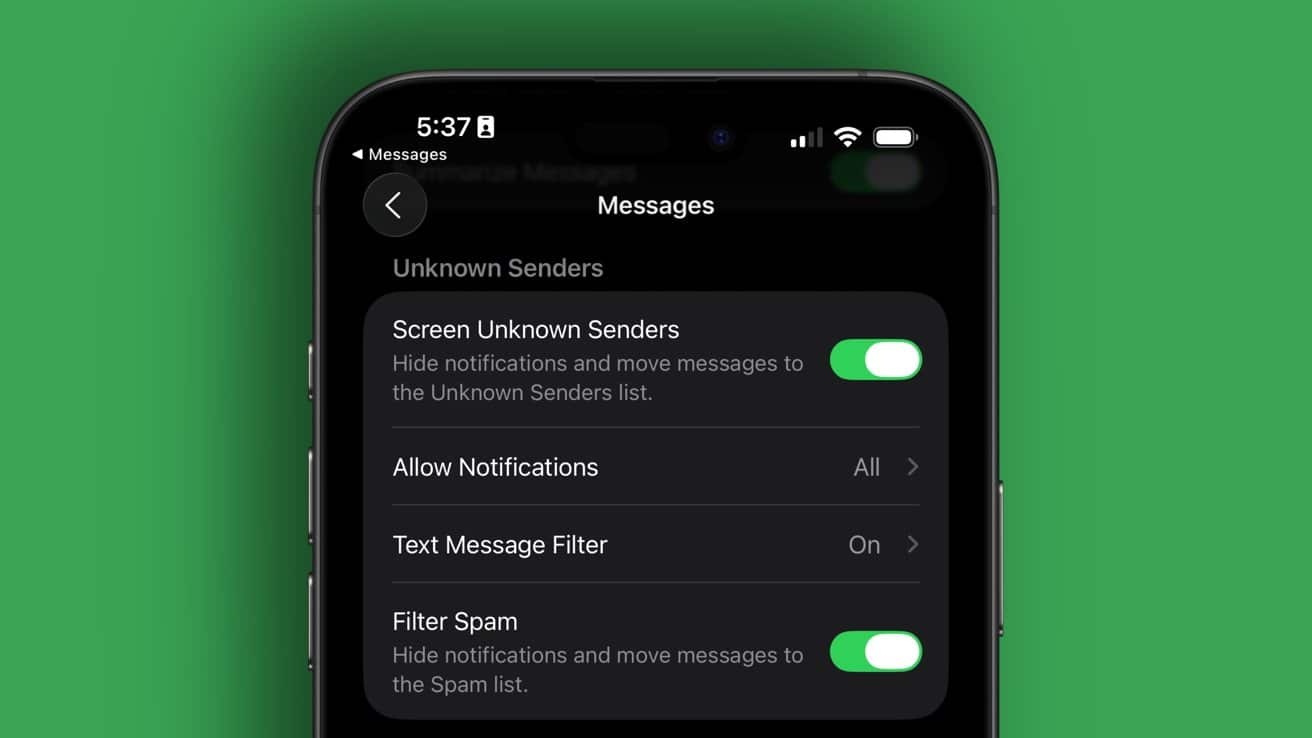 Smartphone screen displaying message settings with options for screening unknown senders, allowing notifications, text message filtering, and spam filtering, all toggled on. Background is green.