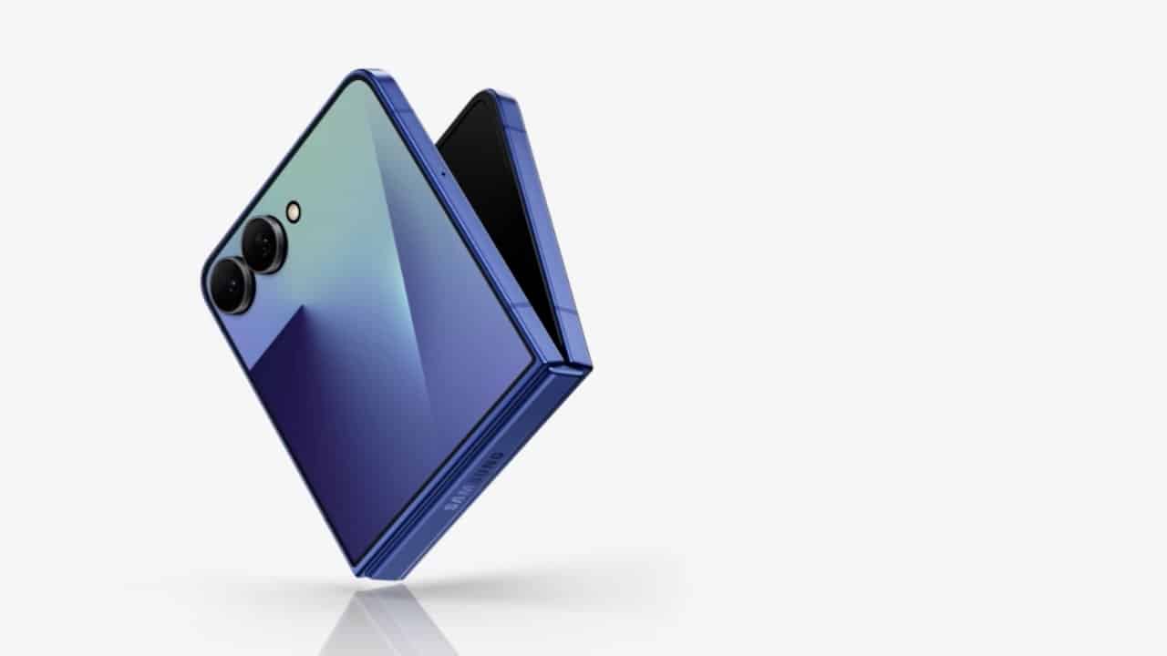 A blue foldable smartphone with dual rear cameras partially open against a white background.