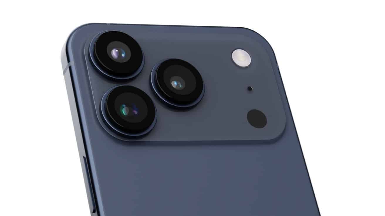 Close-up of a smartphone's rear in blue, featuring three large camera lenses and a flash positioned in the upper corner.