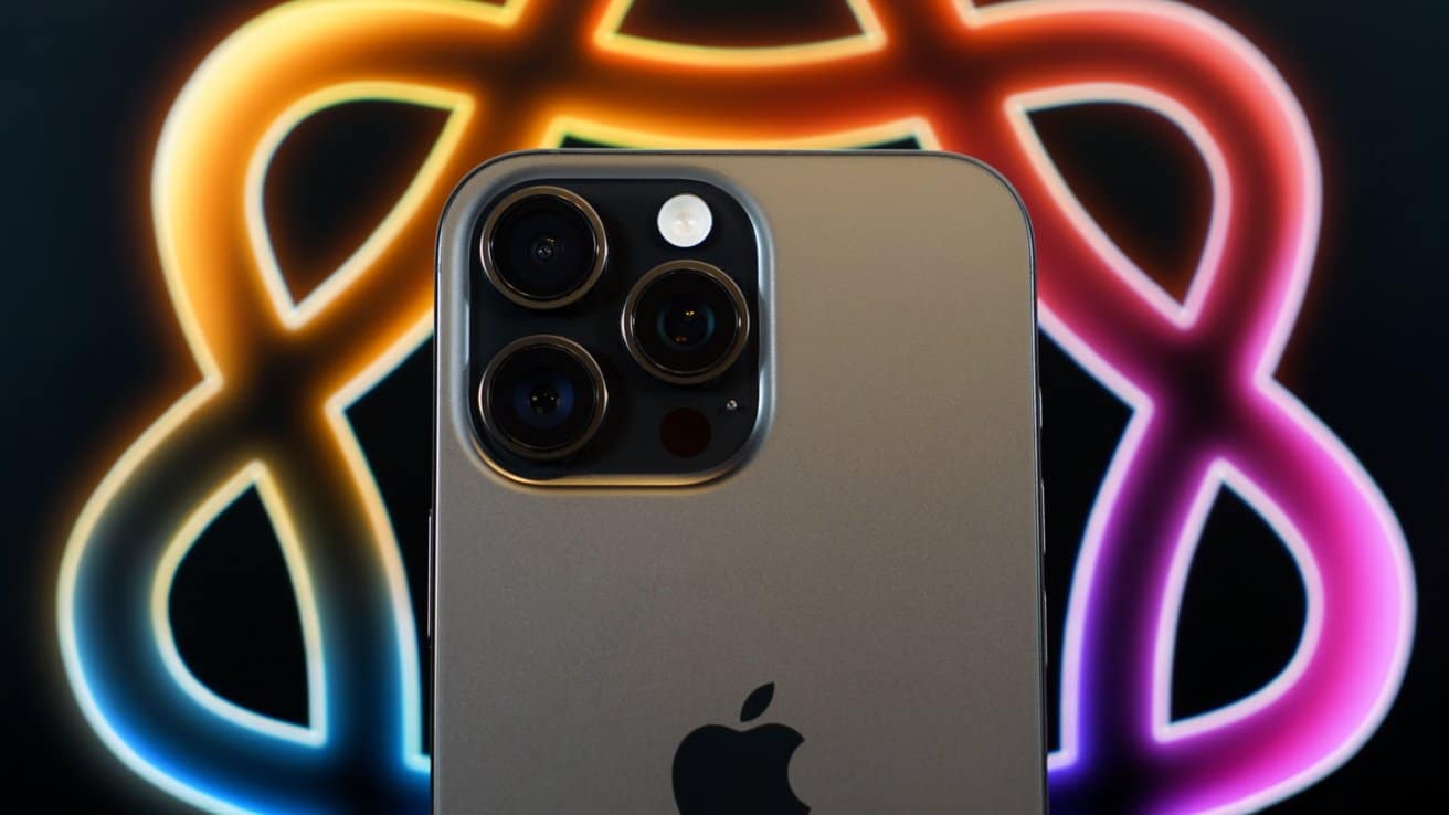 Smartphone with triple-lens camera, metallic back, and company logo. Colorful, abstract neon pattern in the background, featuring warm yellow, orange, and pink shades.