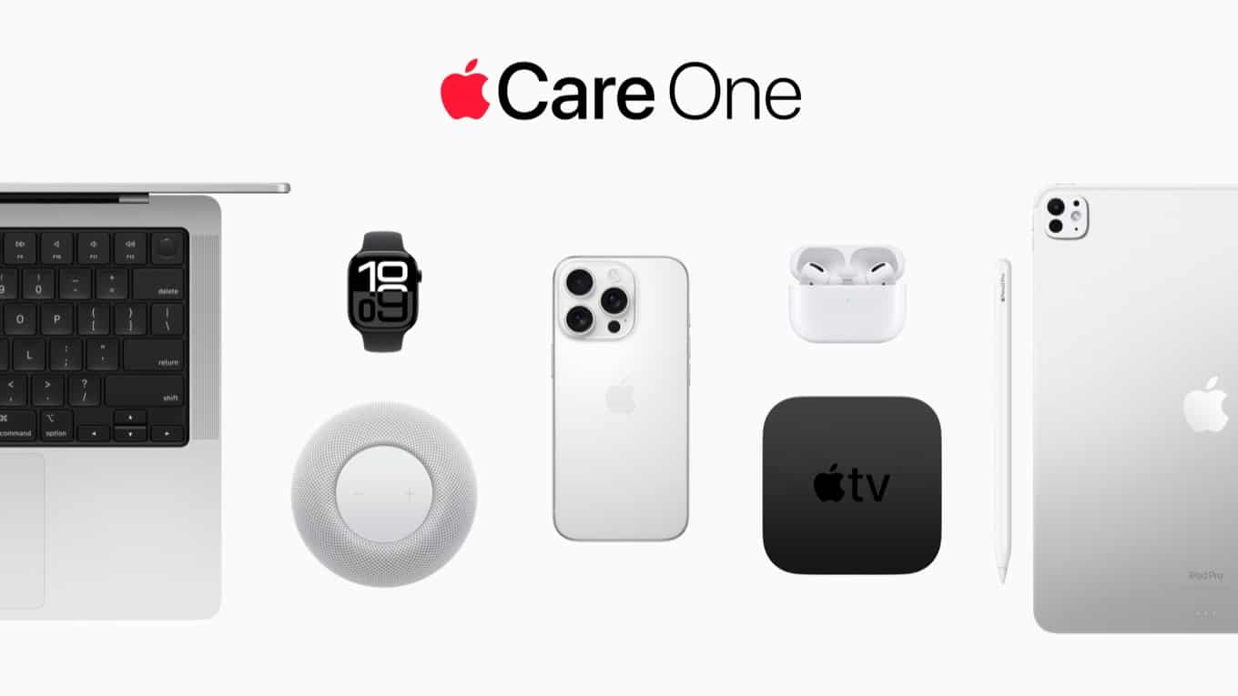 Apple products displayed: MacBook, Apple Watch, iPhone, AirPods, HomePod mini, and Apple TV. 'Apple Care One' text above.