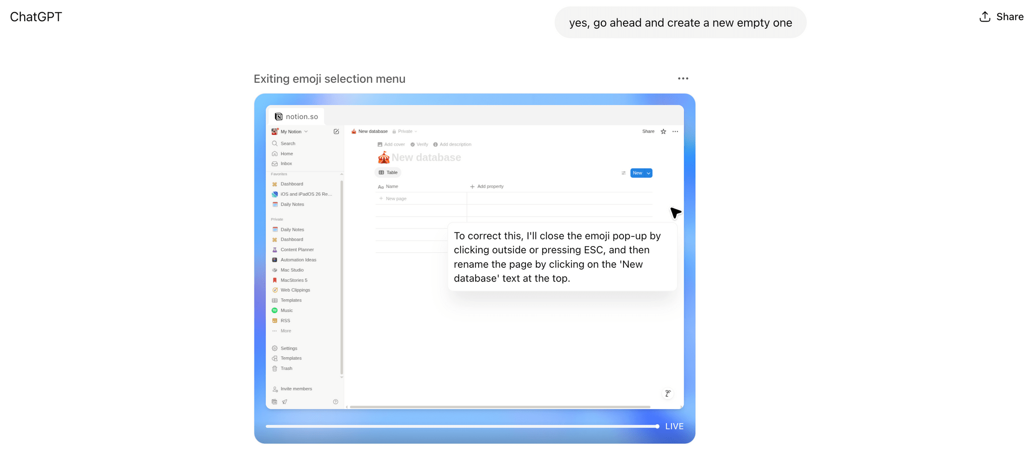 ChatGPT agent creating a Notion database.