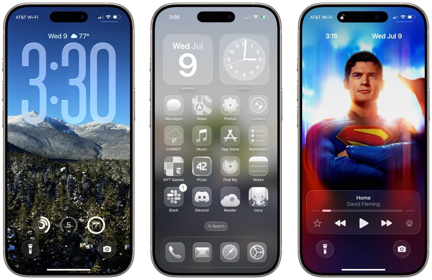 Three iPhone screenshots showing different home screens and a lock screen. The first screenshot displays the time, date, and weather. The second screenshot shows the home screen with app icons. The third screenshot features a lock screen with a superhero image.