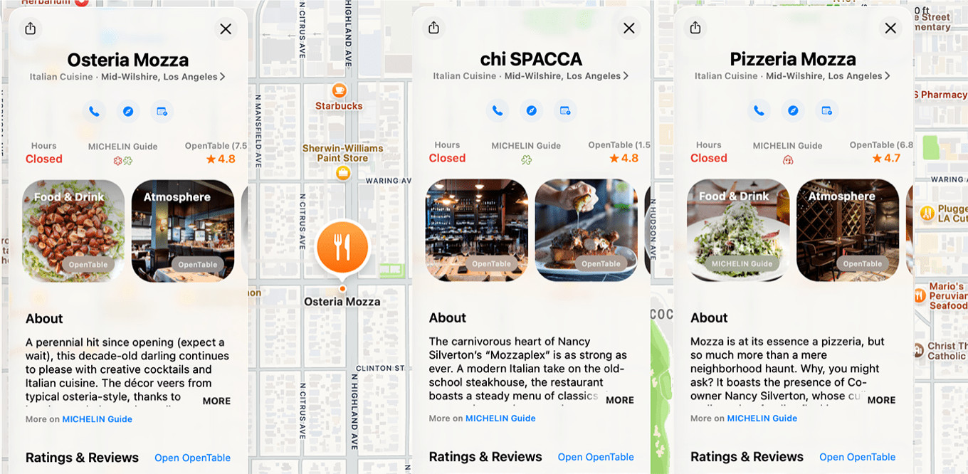 Screenshot of three restaurant listings: Osteria Mozza, Chi Spacca, and Pizzeria Mozza. Each shows a map, contact info, images, and descriptions. Highlights include 'Food & Drink' and 'Atmosphere' sections, with ratings of 4.8.