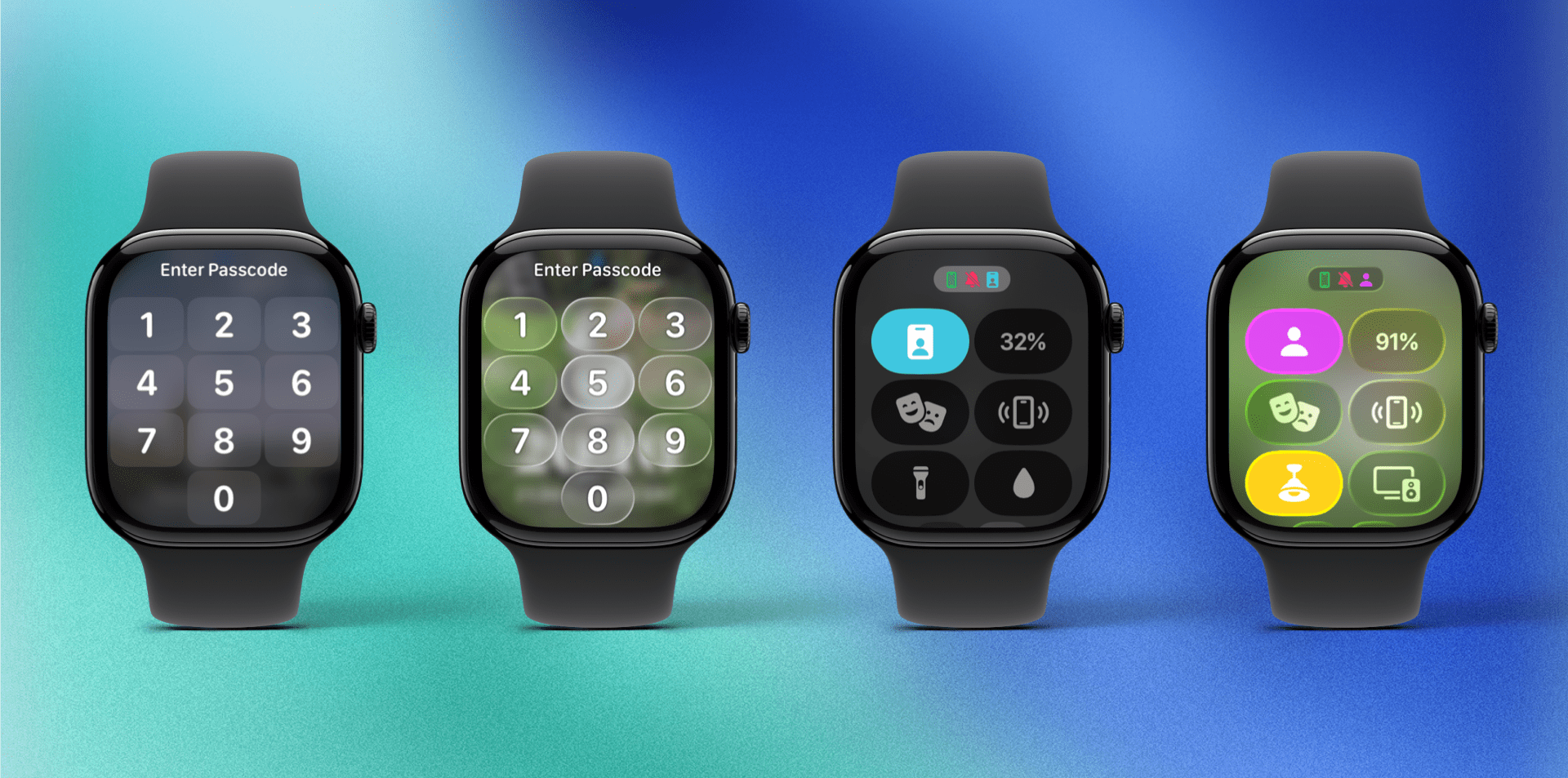 Comparing the design of watchOS 11 (on the left side of each pair) to watchOS 26 (on the right side of each pair).