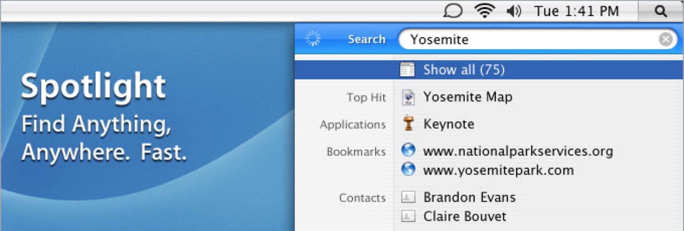 Screenshot of a computer application with a blue banner on the left reading 'Spotlight' and 'Find Anything, Anywhere. Fast.' On the right, a search bar displays 'Yosemite' with a list of results.