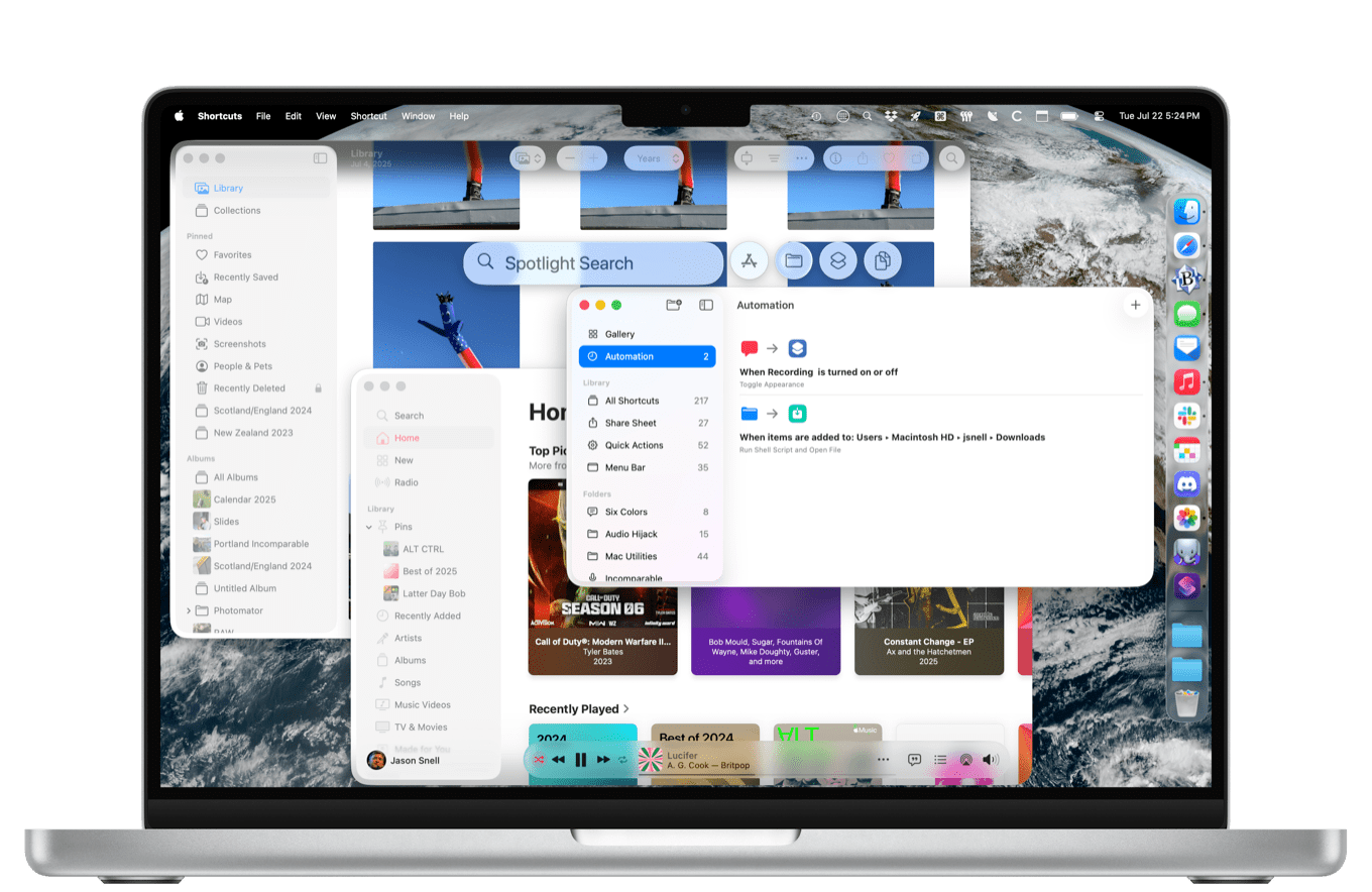 A laptop screen displays a macOS interface with a Spotlight Search bar, a sidebar with folders, and a window showing automation options for recording and file management. The background features a scenic wallpaper.