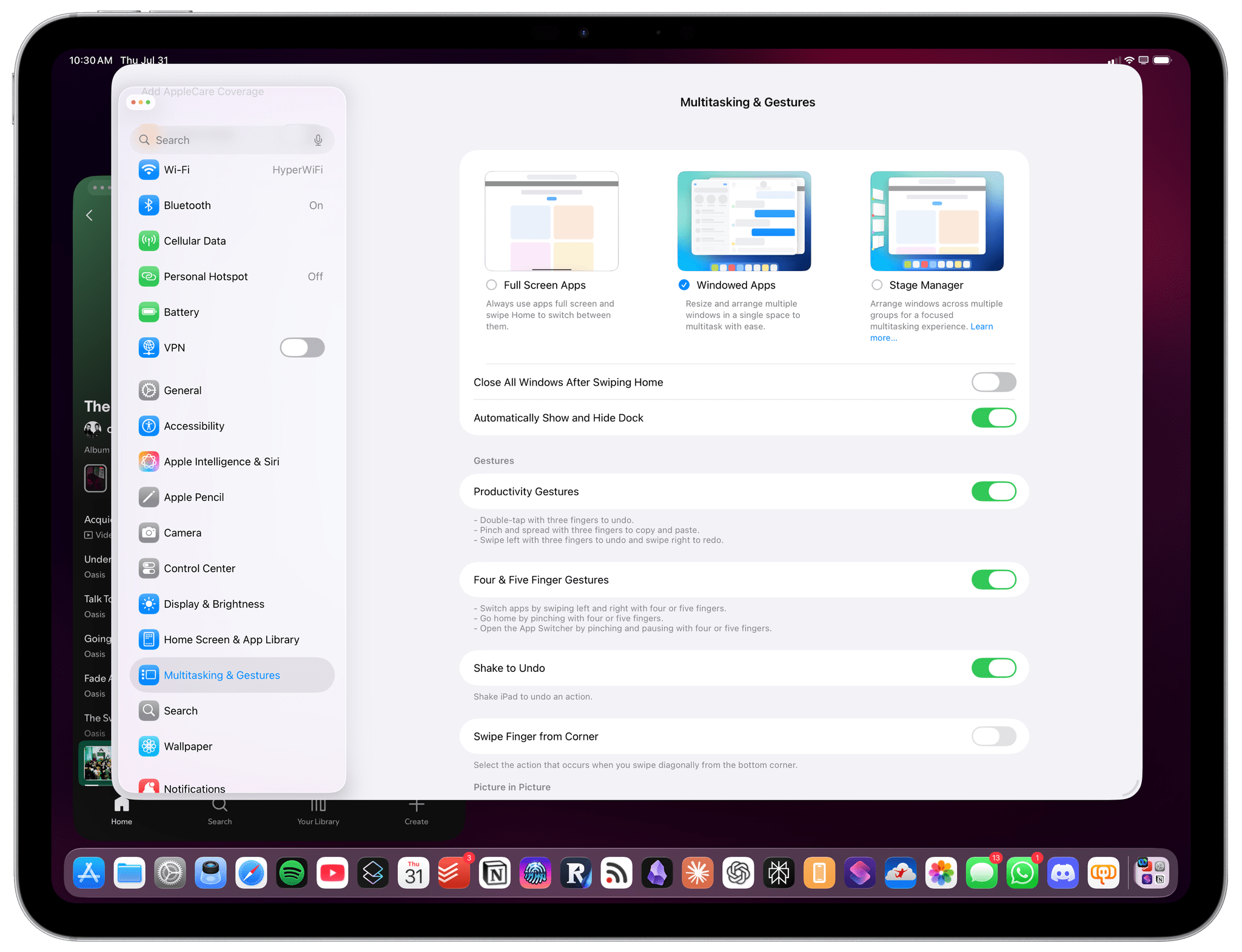 The new multitasking settings.