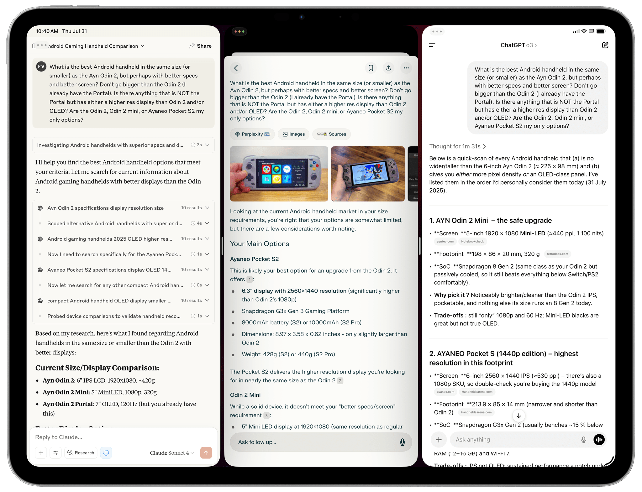 Comparing the results of three LLMs easily thanks to iPadOS 26.