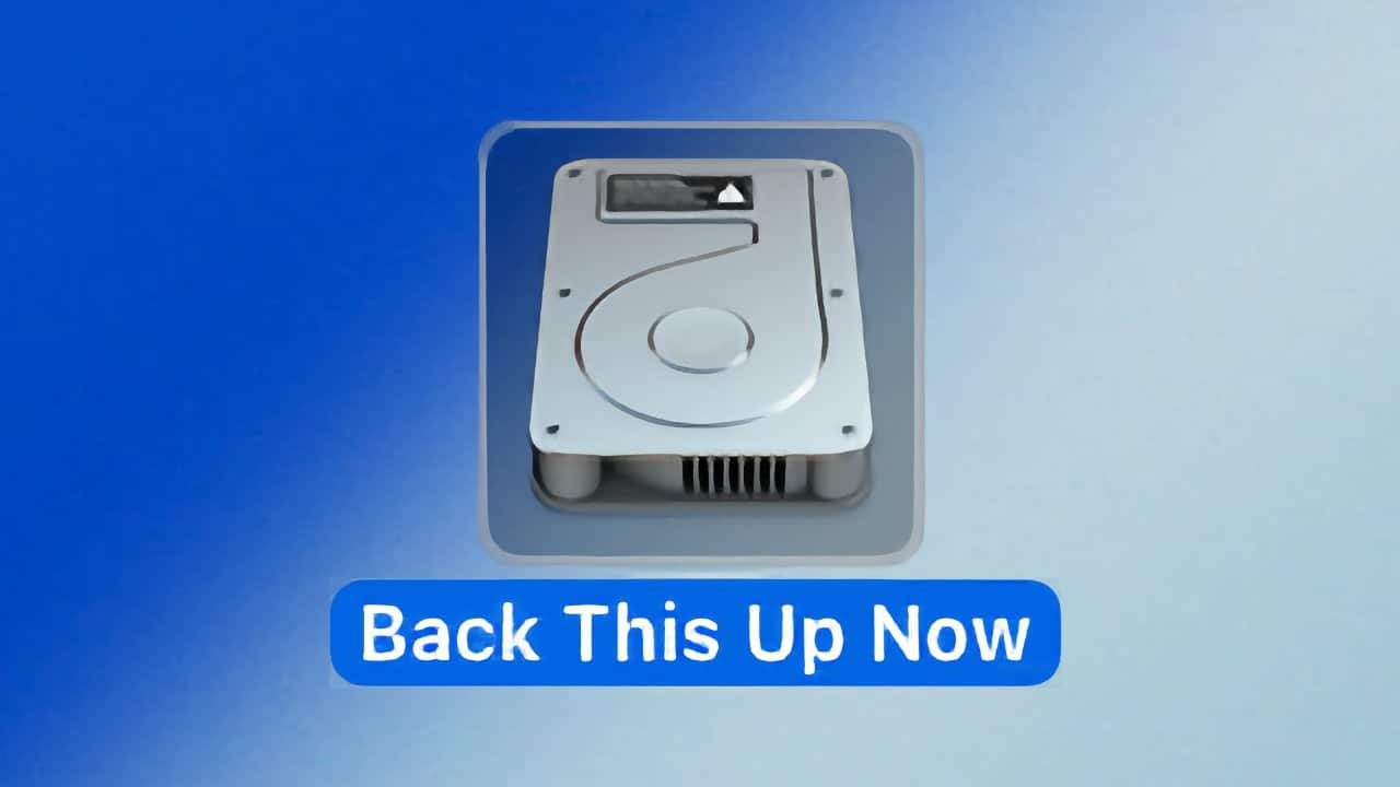3D render of a silver hard drive icon above blue button with white text saying back this up now, set against a gradient blue background.