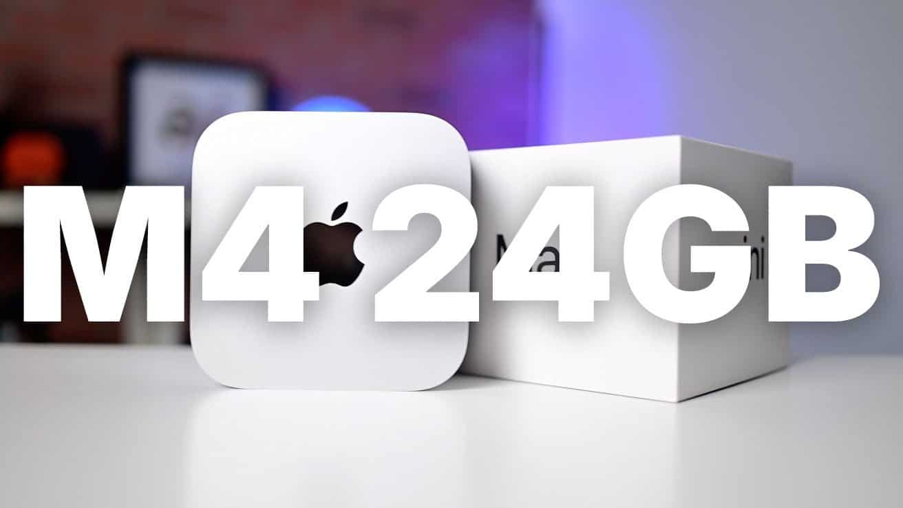 Apple Mac mini with logo on a white box, text overlay reads 'M4 24GB' in large white letters, blurred background.