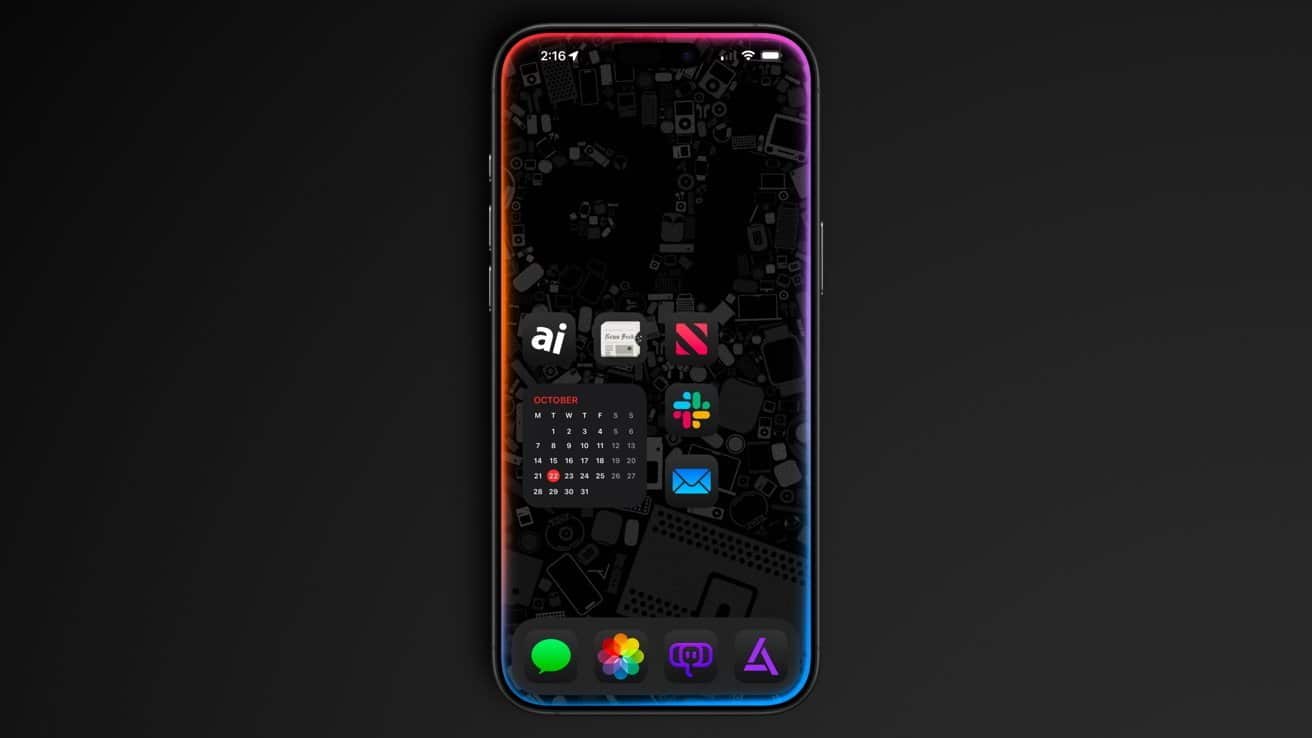 Smartphone with colorful border, dark-themed home screen showing calendar, app icons like email, Slack, and AI on a patterned background.
