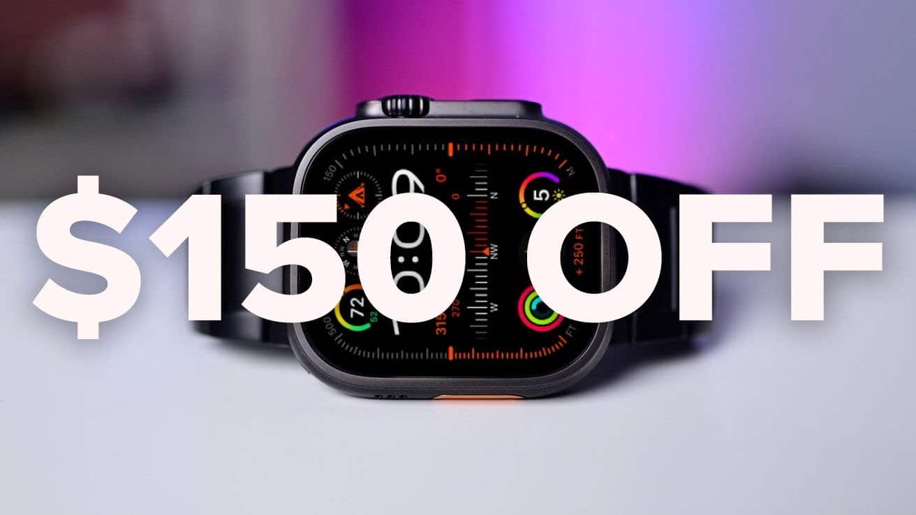Apple Watch Ultra 2 with colorful display showing various metrics, large text overlay indicating $150 off promotion, pink and purple background.