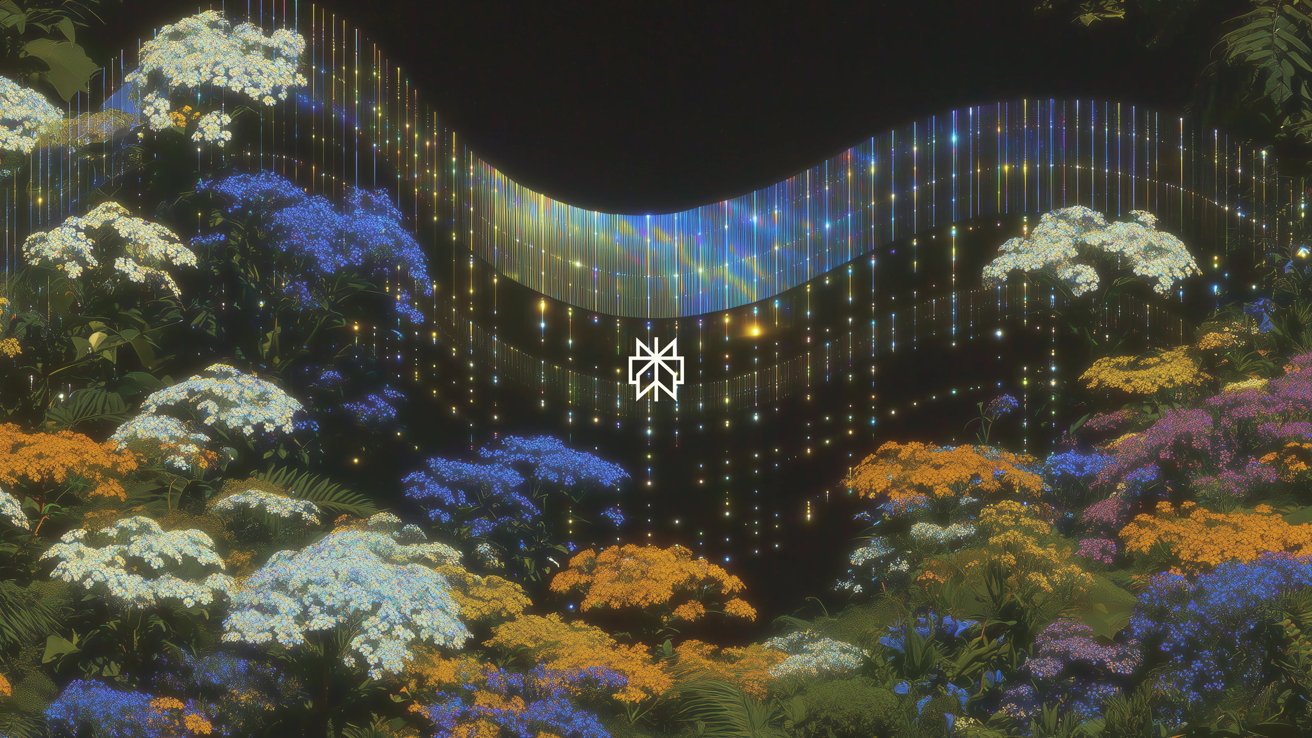 Colorful wildflowers in orange, blue, and white beneath a wavy, shimmering light display against a dark background.