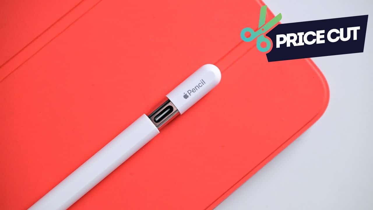 Apple Pencil USB-C lying on a red cover with a green scissor icon and 'Price Cut' text in the corner.