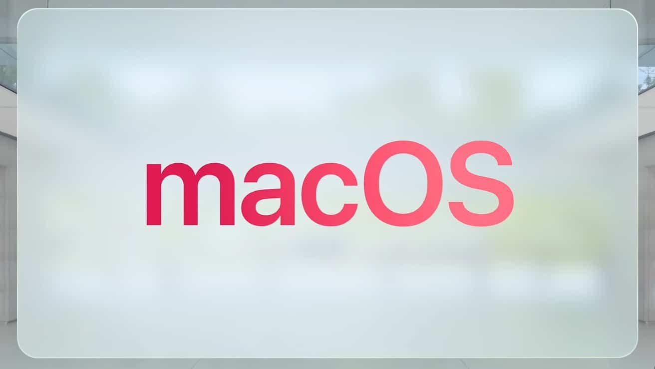 The text 'macOS' in red, centered on a frosted glass-like background, with a subtly blurred environment behind.